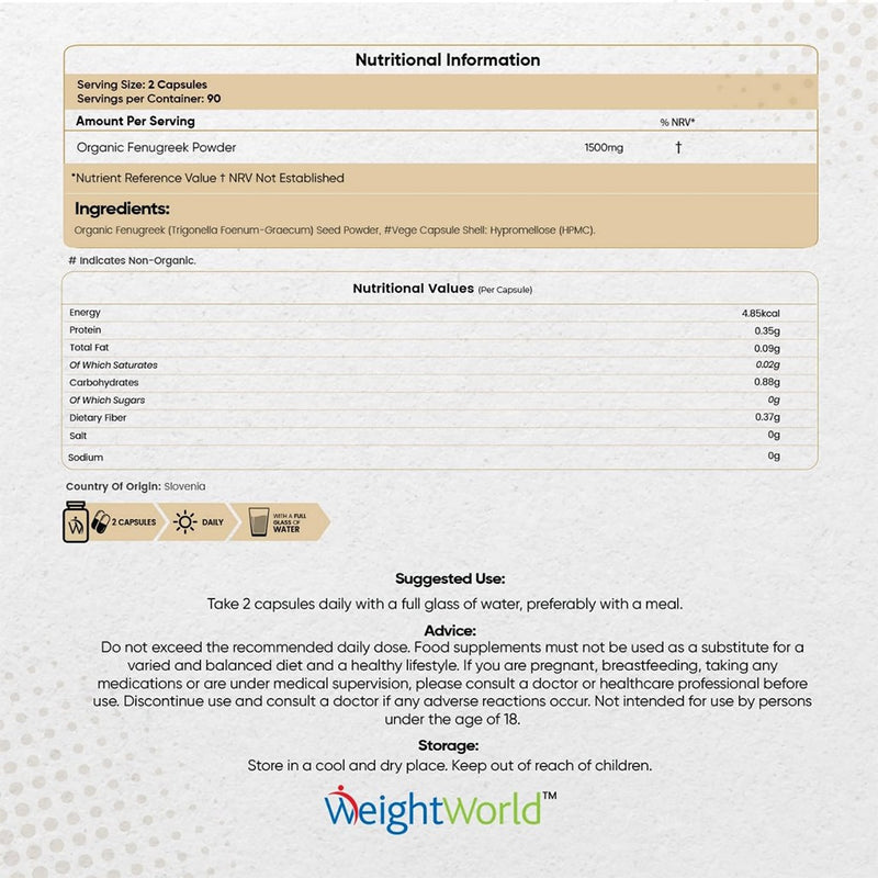 WeightWorld Organic Fenugreek 1500mg 180 Capsules