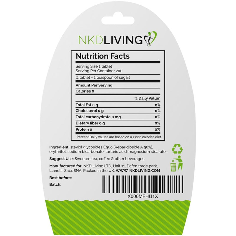 NKD LIVING Pure Stevia Tablets - 200 Tablets - Fit &