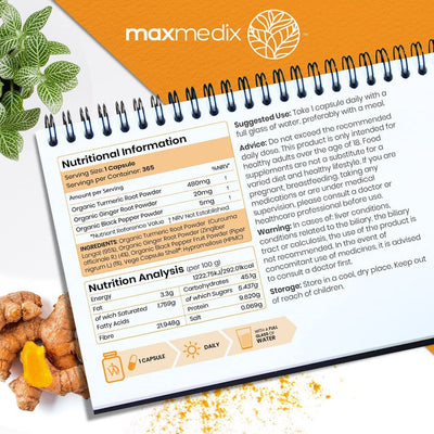 maxmedix Organic Turmeric with Organic Ginger and Black Pepper 365 Capsules - Fit 'n' Vit - Shipping globally from the UK