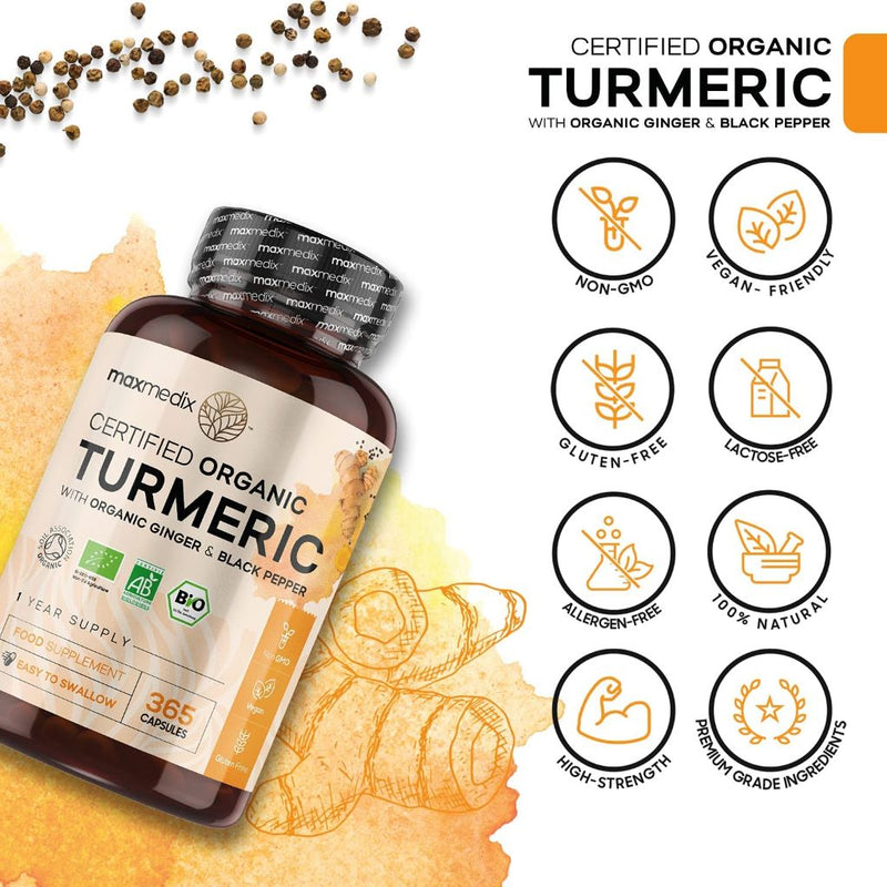 maxmedix Organic Turmeric with Organic Ginger and Black Pepper 365 Capsules - Fit &