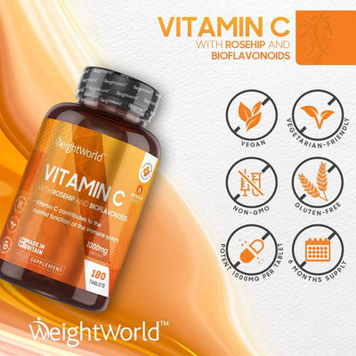 WeightWorld Vitamin C with Rosehip & Bioflavonoids 1000mg 180 Tablets - Fit 'n' Vit - Shipping globally from the UK