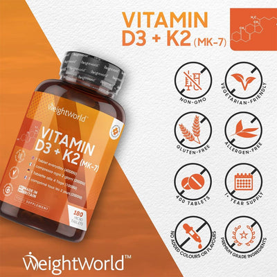 WeightWorld Vitamin D3 + K2 180 Micro Tablets - Fit 'n' Vit - Shipping globally from the UK