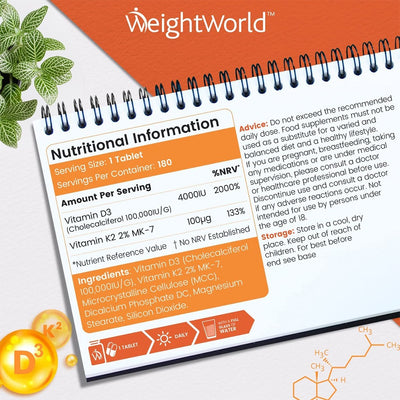 WeightWorld Vitamin D3 + K2 180 Micro Tablets - Fit 'n' Vit - Shipping globally from the UK